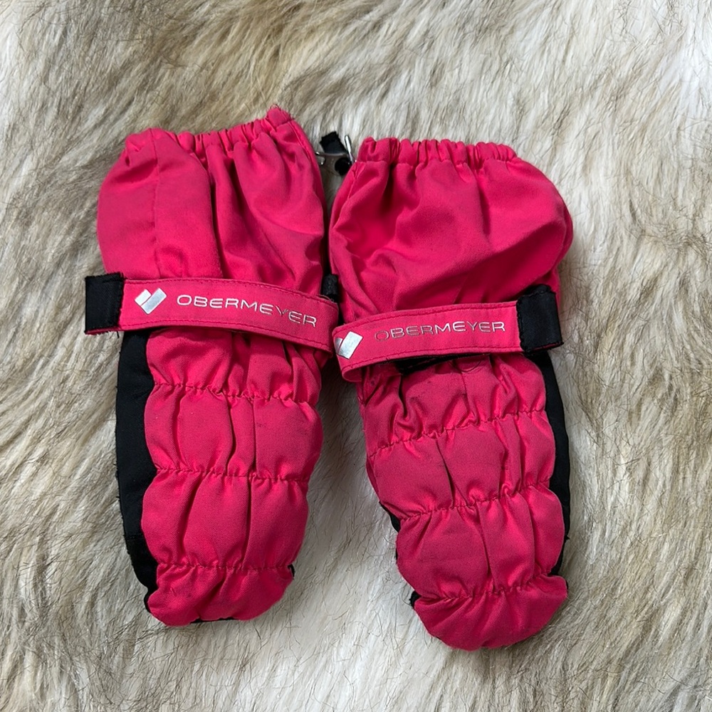 XS Obermeyer Kids' Pink and Black Mittens with Zipper and Velcro Strap